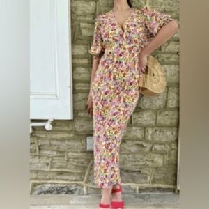 RIXO Floral Print Plunge-Neck Puff Sleeve Maxi Dress
